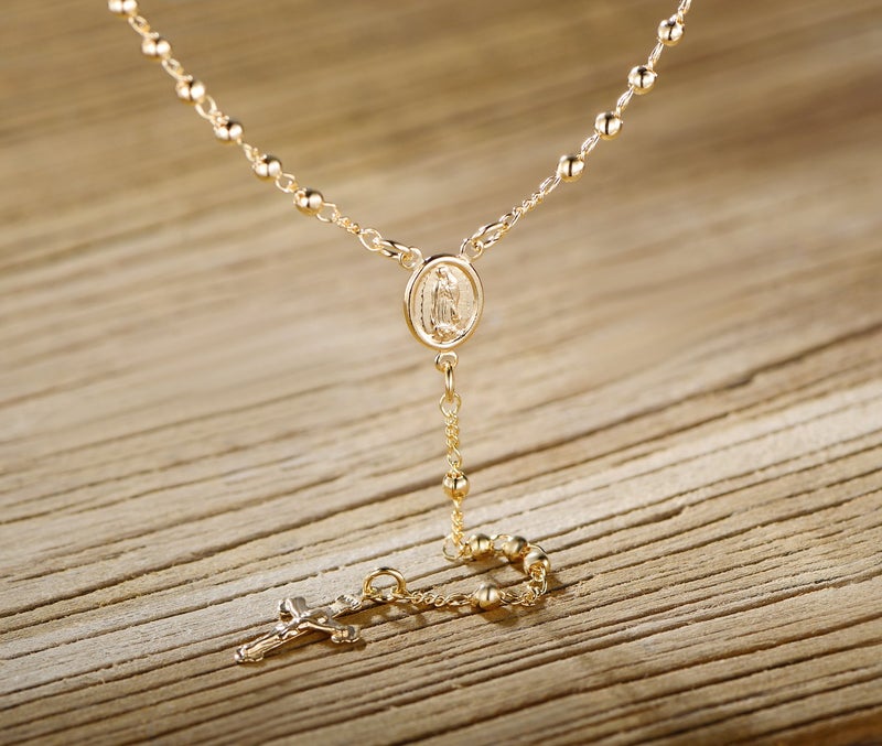 Barzel 18K Gold Plated Virgin Mary Rosary Bead Cross Necklace - Made In Brazil (18 Inches) - Image 4